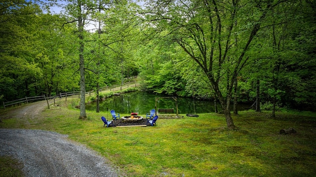 400 Creekside Dr, Mccaysville, GA 30555 - view of yard featuring a fire pit, a wooded view, fence, and a water view