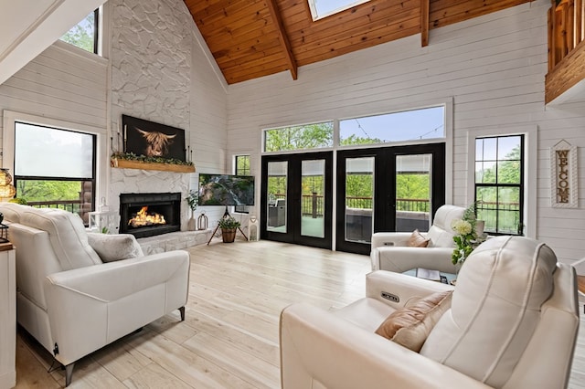 400 Creekside Dr, Mccaysville, GA 30555 - living area featuring high vaulted ceiling, a fireplace, light wood-style flooring, wood ceiling, and wooden walls