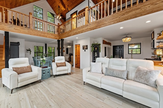 400 Creekside Dr, Mccaysville, GA 30555 - living room featuring wood finished floors, high vaulted ceiling, wood ceiling, a ceiling fan, and recessed lighting