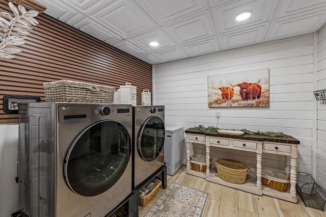 400 Creekside Dr, Mccaysville, GA 30555 - clothes washing area with an ornate ceiling, separate washer and dryer, wood walls, light wood-style floors, and recessed lighting
