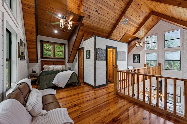 400 Creekside Dr, Mccaysville, GA 30555 - bedroom featuring wood ceiling, beam ceiling, wooden walls, hardwood / wood-style floors, and multiple windows
