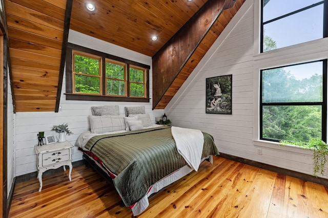 400 Creekside Dr, Mccaysville, GA 30555 - bedroom featuring hardwood / wood-style floors, wood walls, wooden ceiling, baseboards, and lofted ceiling