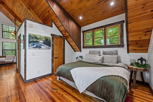 400 Creekside Dr, Mccaysville, GA 30555 - bedroom with wooden ceiling, hardwood / wood-style flooring, multiple windows, wooden walls, and recessed lighting