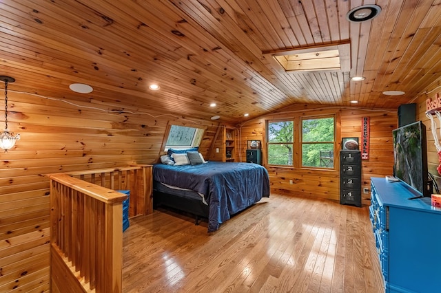 400 Creekside Dr, Mccaysville, GA 30555 - bedroom with wooden ceiling, light wood-type flooring, vaulted ceiling, wooden walls, and a skylight
