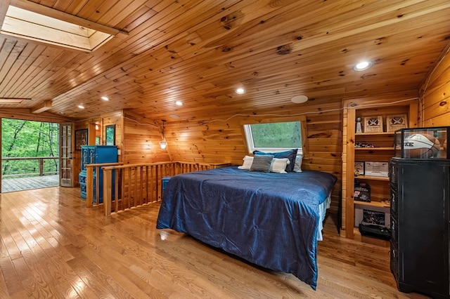 400 Creekside Dr, Mccaysville, GA 30555 - bedroom featuring multiple windows, a skylight, light wood-style flooring, wood ceiling, and wood walls