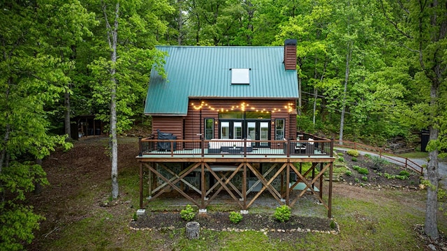 400 Creekside Dr, Mccaysville, GA 30555 - back of property featuring a deck, faux log siding, a chimney, and metal roof