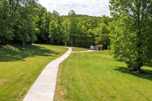 910 Sawyer Cove Rd, Hayesville, NC 28904 - view of green lawn featuring a forest view and an outbuilding