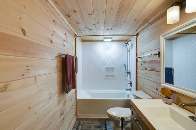 910 Sawyer Cove Rd, Hayesville, NC 28904 - full bath with toilet, vanity, wood walls, shower / tub combination, and wood ceiling