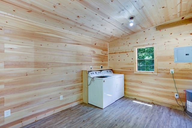910 Sawyer Cove Rd, Hayesville, NC 28904 - washroom featuring washing machine and dryer, wood walls, electric panel, wood ceiling, and wood finished floors