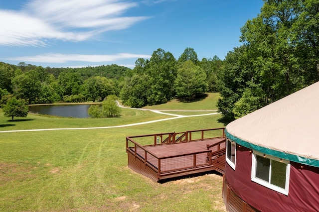 910 Sawyer Cove Rd, Hayesville, NC 28904 - view of green lawn featuring a deck with water view and a wooded view