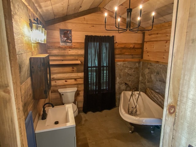 bathroom featuring lofted ceiling, a washtub, wood ceiling, rustic walls, and toilet