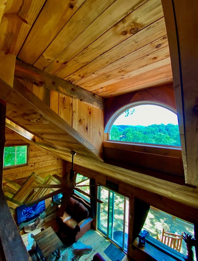 interior details with wood ceiling and wood-type flooring