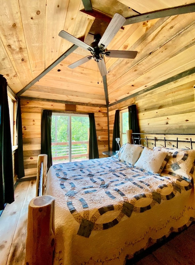 bedroom featuring wood-type flooring, lofted ceiling, wooden ceiling, and wooden walls