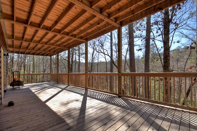 wooden deck with a wooded view