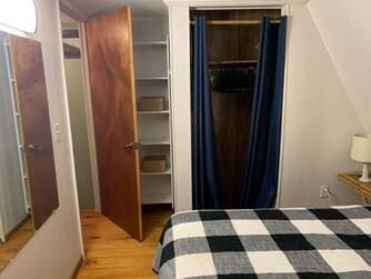 bedroom with a closet and light hardwood / wood-style flooring