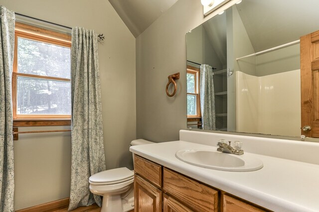 bathroom featuring hardwood / wood-style flooring, lofted ceiling, toilet, and vanity