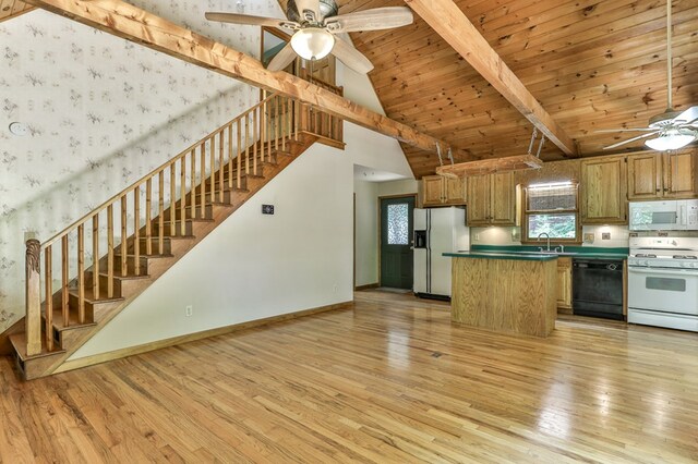 kitchen featuring ceiling fan, wooden ceiling, light wood-type flooring, white appliances, and beam ceiling