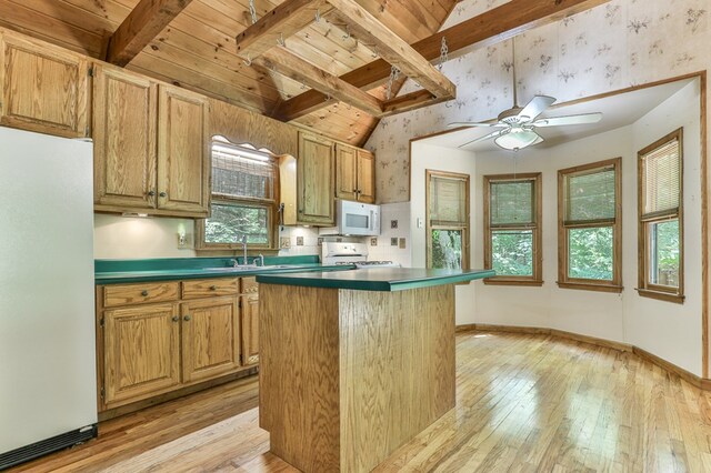 kitchen with wood ceiling, ceiling fan, light wood-type flooring, and white appliances