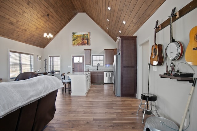 kitchen featuring stainless steel appliances, wood finished floors, wood ceiling, a kitchen breakfast bar, and open floor plan