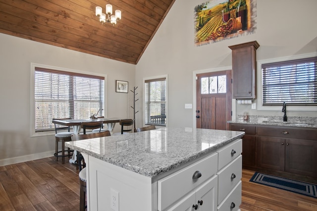 kitchen with dark wood-type flooring, a sink, and light stone counters