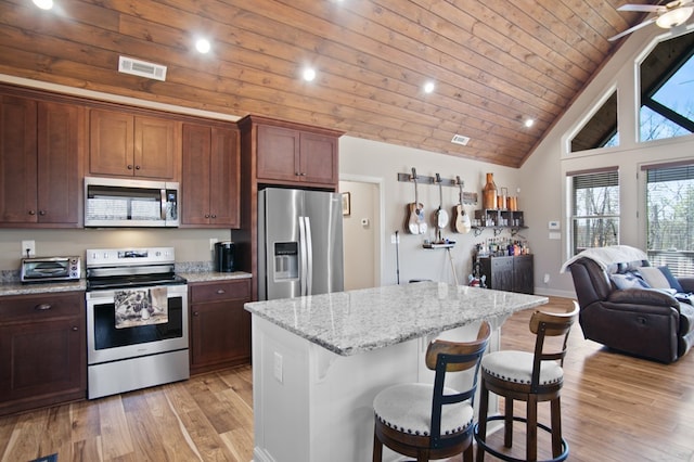 kitchen featuring light wood finished floors, stainless steel appliances, visible vents, wood ceiling, and vaulted ceiling