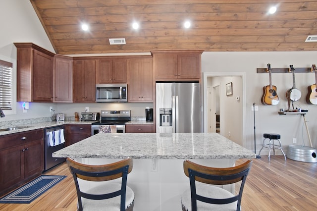 kitchen featuring light wood finished floors, appliances with stainless steel finishes, wooden ceiling, and a breakfast bar