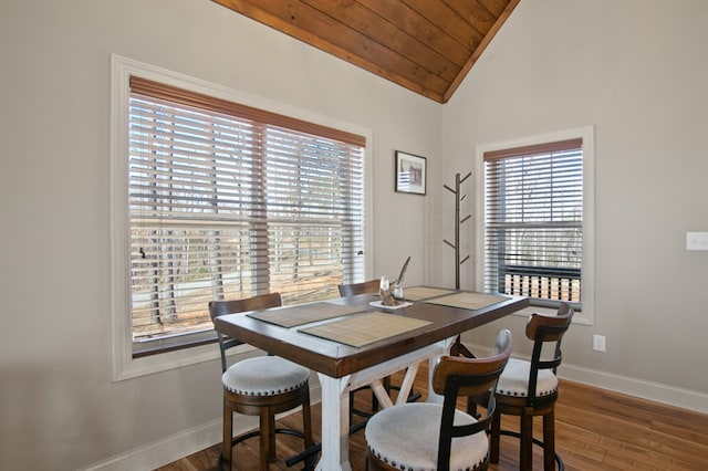 dining space with vaulted ceiling, wood finished floors, wood ceiling, and baseboards