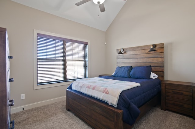 bedroom featuring vaulted ceiling, ceiling fan, carpet, and baseboards