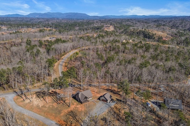 bird's eye view featuring a wooded view and a mountain view