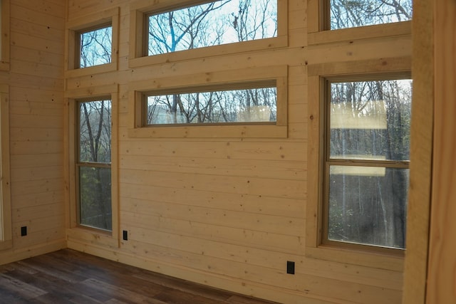 entryway featuring a wealth of natural light, wooden walls, and dark hardwood / wood-style floors