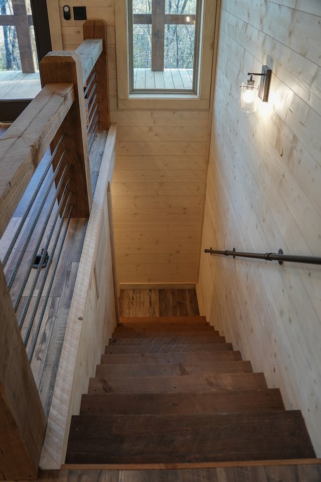 stairway with hardwood / wood-style floors