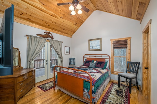 bedroom featuring high vaulted ceiling, light hardwood / wood-style flooring, access to outside, and wood ceiling