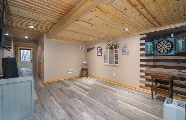 interior space featuring beamed ceiling, hardwood / wood-style floors, and wooden ceiling