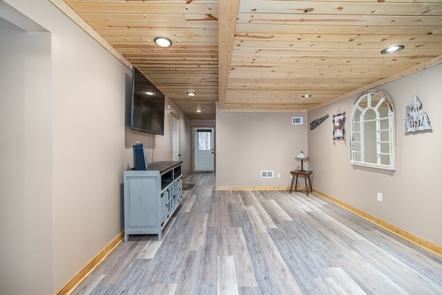 interior space featuring hardwood / wood-style floors and wooden ceiling