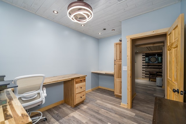 home office featuring dark wood-type flooring and wood ceiling