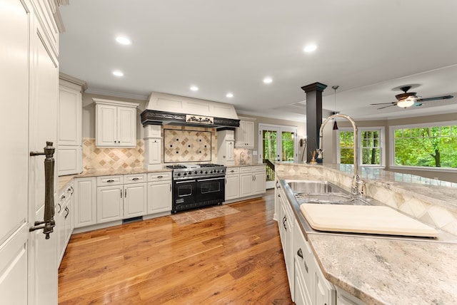 802 Old Mill Trl, Ball Ground, GA 30107 - kitchen featuring range with two ovens, custom range hood, a sink, tasteful backsplash, and light wood-type flooring