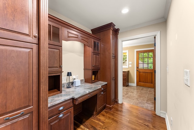 802 Old Mill Trl, Ball Ground, GA 30107 - office space with built in desk, crown molding, baseboards, wood finished floors, and recessed lighting