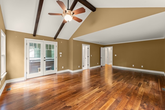 802 Old Mill Trl, Ball Ground, GA 30107 - unfurnished living room with french doors, high vaulted ceiling, beamed ceiling, a ceiling fan, and wood finished floors