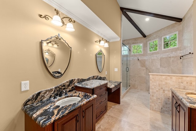 802 Old Mill Trl, Ball Ground, GA 30107 - bathroom with a stall shower, two vanities, beam ceiling, and tile walls