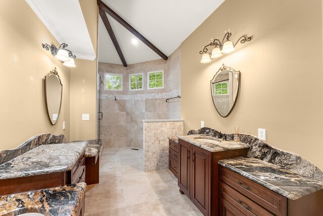 802 Old Mill Trl, Ball Ground, GA 30107 - full bath featuring a walk in shower, two vanities, and ornamental molding
