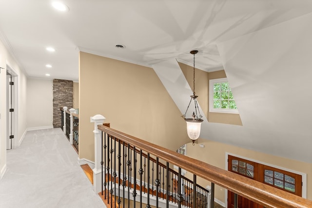 802 Old Mill Trl, Ball Ground, GA 30107 - hall featuring an upstairs landing, crown molding, baseboards, recessed lighting, and carpet flooring