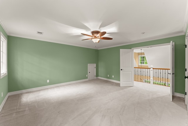 802 Old Mill Trl, Ball Ground, GA 30107 - spare room featuring ceiling fan, ornamental molding, light colored carpet, and baseboards
