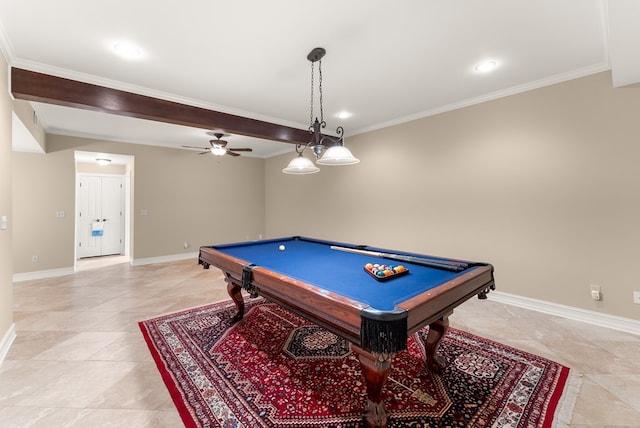 802 Old Mill Trl, Ball Ground, GA 30107 - playroom featuring crown molding, baseboards, billiards table, a ceiling fan, and recessed lighting