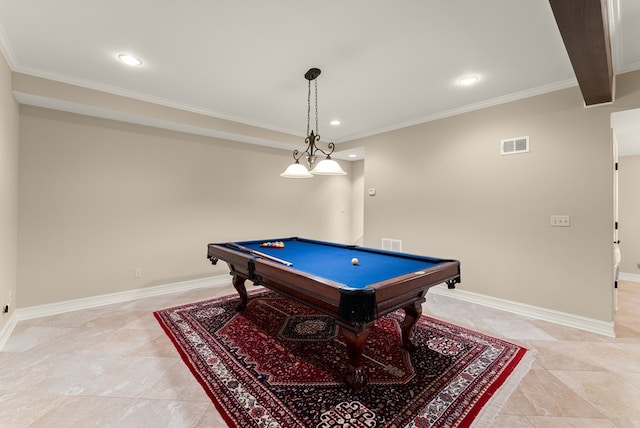 802 Old Mill Trl, Ball Ground, GA 30107 - game room with recessed lighting, crown molding, pool table, baseboards, and light tile patterned flooring
