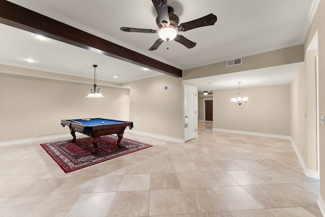 802 Old Mill Trl, Ball Ground, GA 30107 - playroom with a ceiling fan, beam ceiling, crown molding, billiards, and recessed lighting