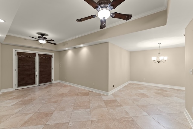 802 Old Mill Trl, Ball Ground, GA 30107 - unfurnished room with ceiling fan, ornamental molding, a raised ceiling, a chandelier, and baseboards
