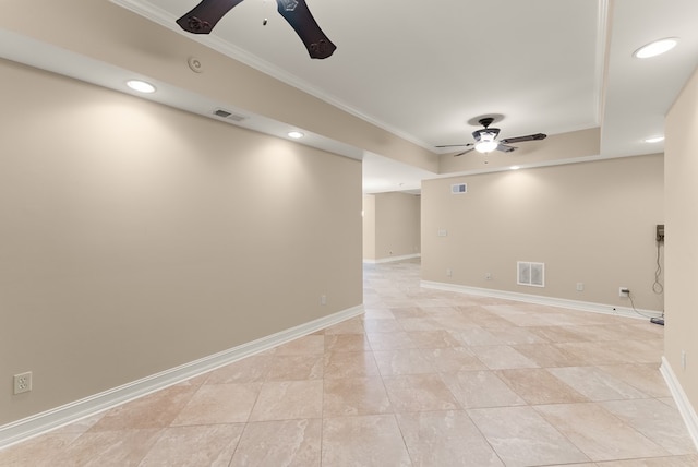 802 Old Mill Trl, Ball Ground, GA 30107 - spare room featuring a ceiling fan, crown molding, recessed lighting, baseboards, and light tile patterned floors