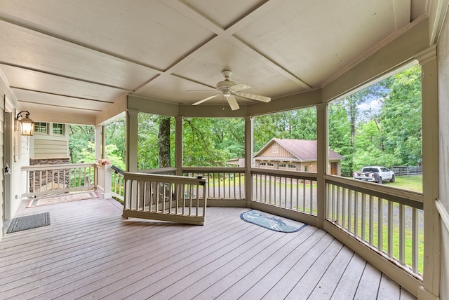 802 Old Mill Trl, Ball Ground, GA 30107 - wooden terrace with ceiling fan and view of wooded area