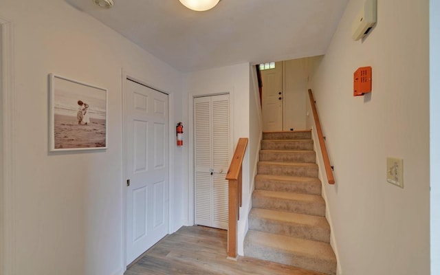 stairway featuring wood-type flooring