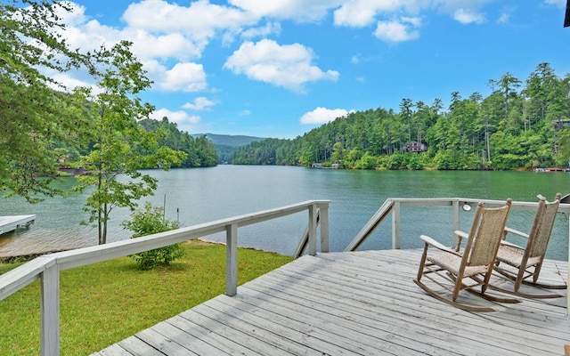 view of dock featuring a lawn and a water view